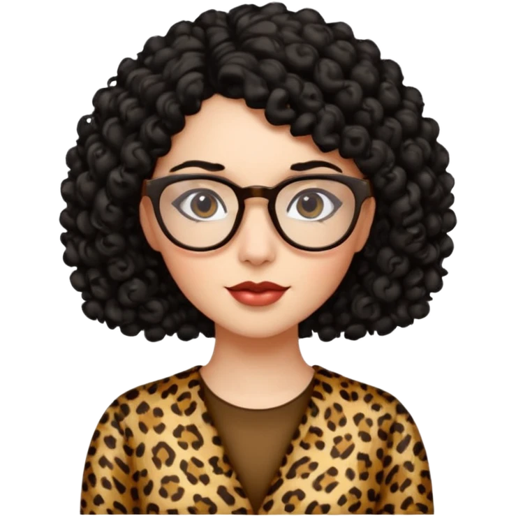 A women who wears glasses with a black curly hair, in a leopard print dress  emoji