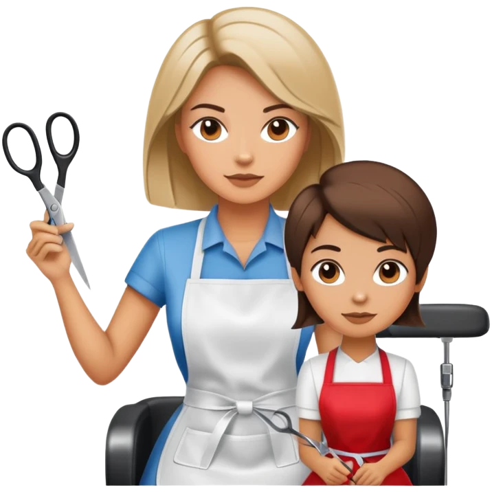 woman in apron sitting in salon chair, female hairstylist behind her with scissors emoji