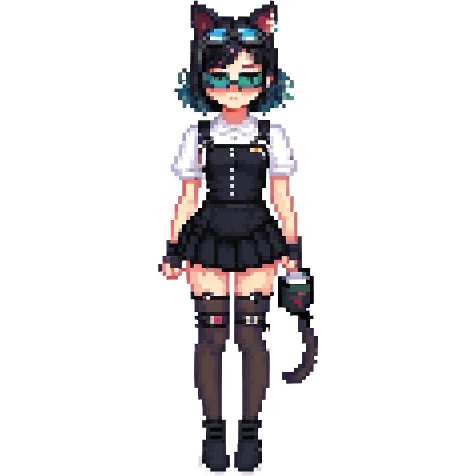 a woman in black clothing and goggles, 1girl, thighhighs, solo, animal ears, cat ears, skirt, black hair, goggles, black skirt, black thighhighs, 3d style emoji