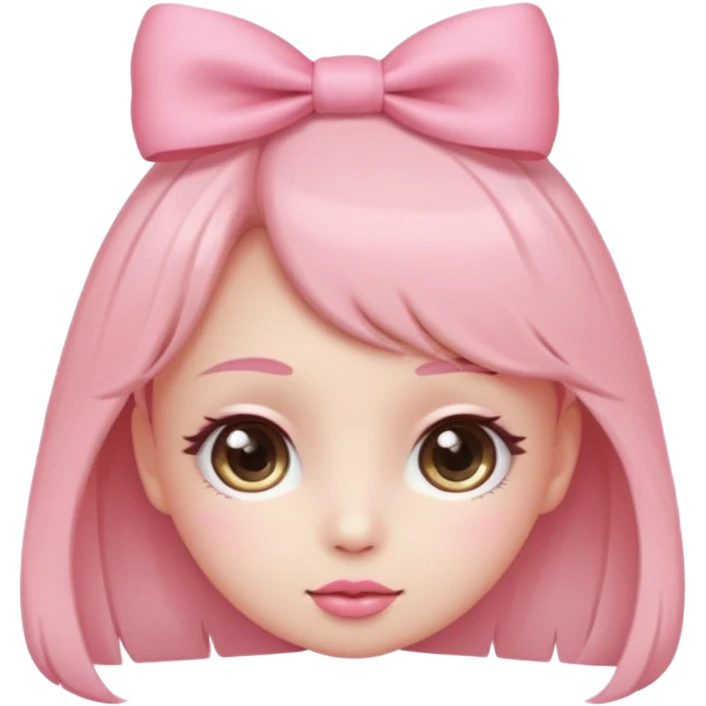 Cute coquette emoji, round face, big sparkling eyes, soft blush on cheeks, small pink bow on top of the head, pastel colors, simple vector style, transparent background


 emoji