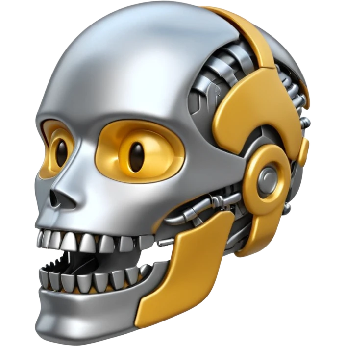 3D render of Steel Jaw, futuristic cyborg aesthetic, fusion of organic skin and chrome metal, brushed steel lower jaw attached to a pale skin face, emoji style, isolated on white background --v 6.0. emoji