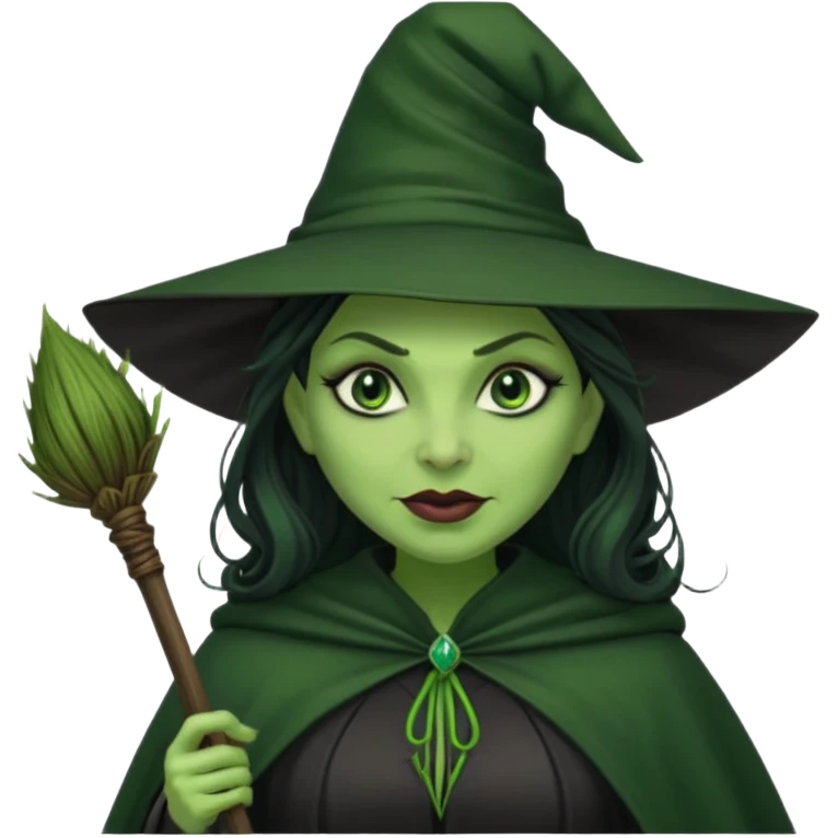elphaba wicked witch with broom close up, evil dark coily long  hair, green skin, thick green lips, cheekbones, smirk evil menacing cythia erivo dark aesthetic black hat cloak  emoji
