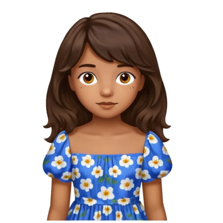 Teenage girl with golden brown skin, chocolate brown eyes, dark wavy hair with curtain bangs, and blue floral dress emoji
