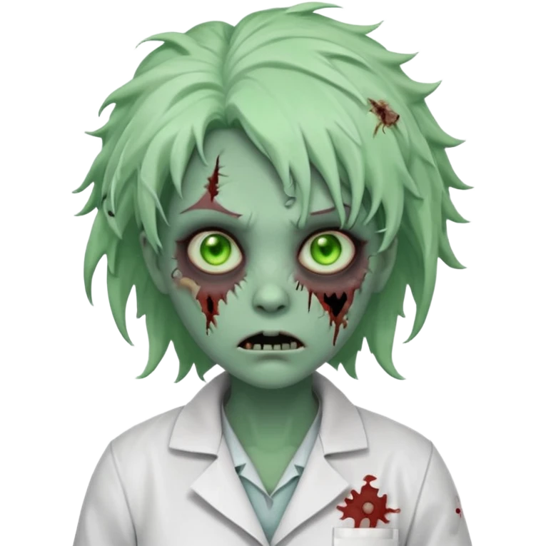 zombie scientist woman portrait, head and shoulders only, torn lab coat collar, pale green skin, stitched face details, glowing eerie eyes, messy hair, creepy but cute cartoon style, 3D cartoon, mobile game icon style, clean background, no text, no watermark
 emoji