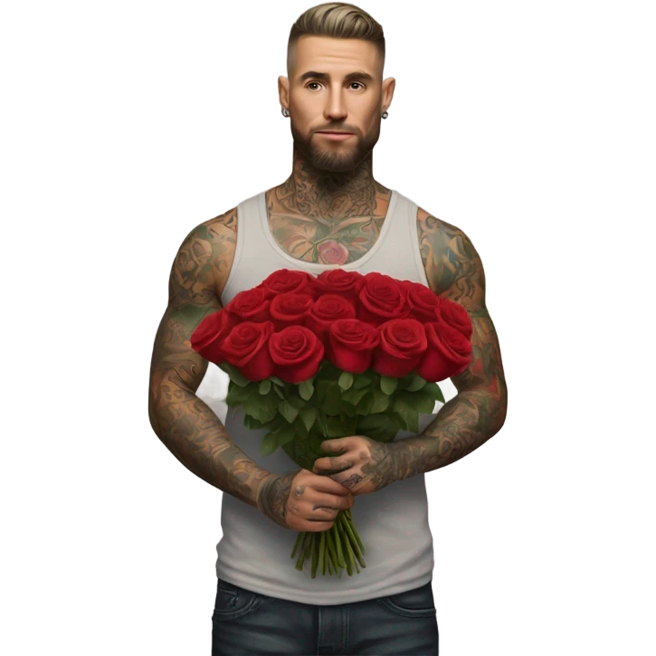 Hyper Realistic handsome tattooed man holding a bouquet of roses emoji