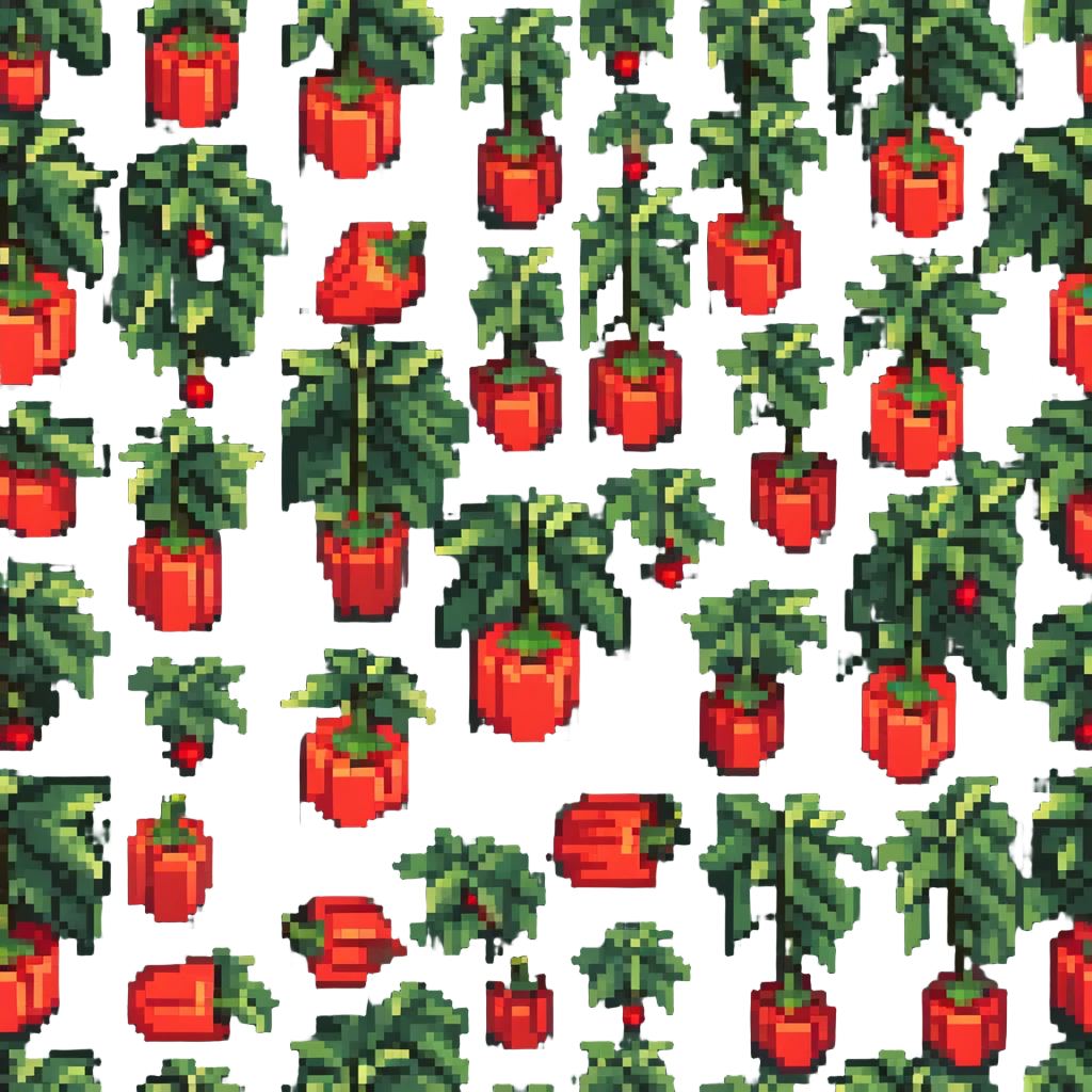 Green pepper plant with bright red bell peppers growing on stems emoji