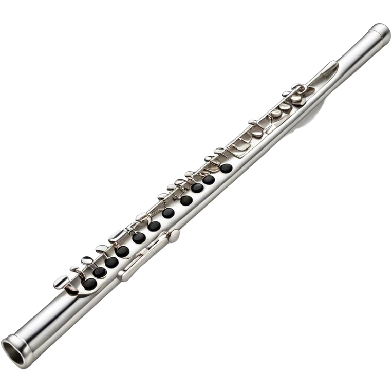 Cinematic Realistic Flute, polished silver metal with precise keywork, soft reflections of warm light dancing along its length, a musician’s delicate fingers pressing the keys, glowing with a sleek and elegant charm. emoji