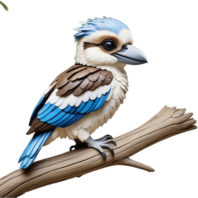 cinematic-kookaburra-realistic-full-body-perched-emoji,-compact-sturdy-frame-balanced-on-a-weathered-branch,-blue-and-white-feathered-wings-folded-neatly,-bold-striped-face-with-a-mischievous-glint-in-its-eye,-massive-sharp-beak-slightly-open-as-if-ready-to-laugh,-simplified-yet-realistic-focused-features,-highly-detailed,-glowing-with-a-warm-golden-light emoji