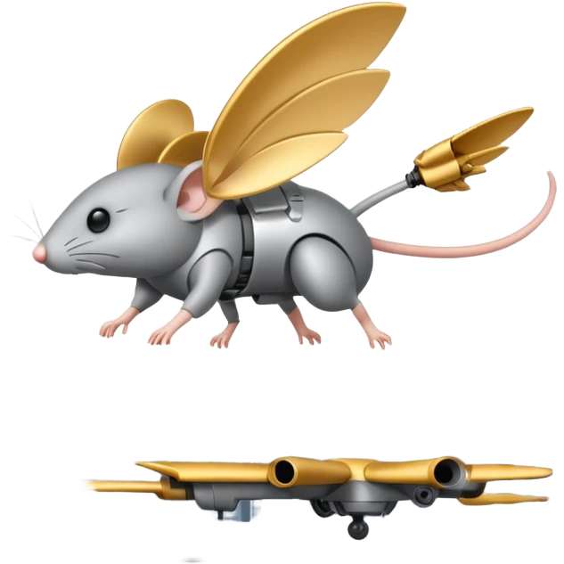 A mouse combined with a military drone, with mechanical wings and a determined expression, flying through the city emoji