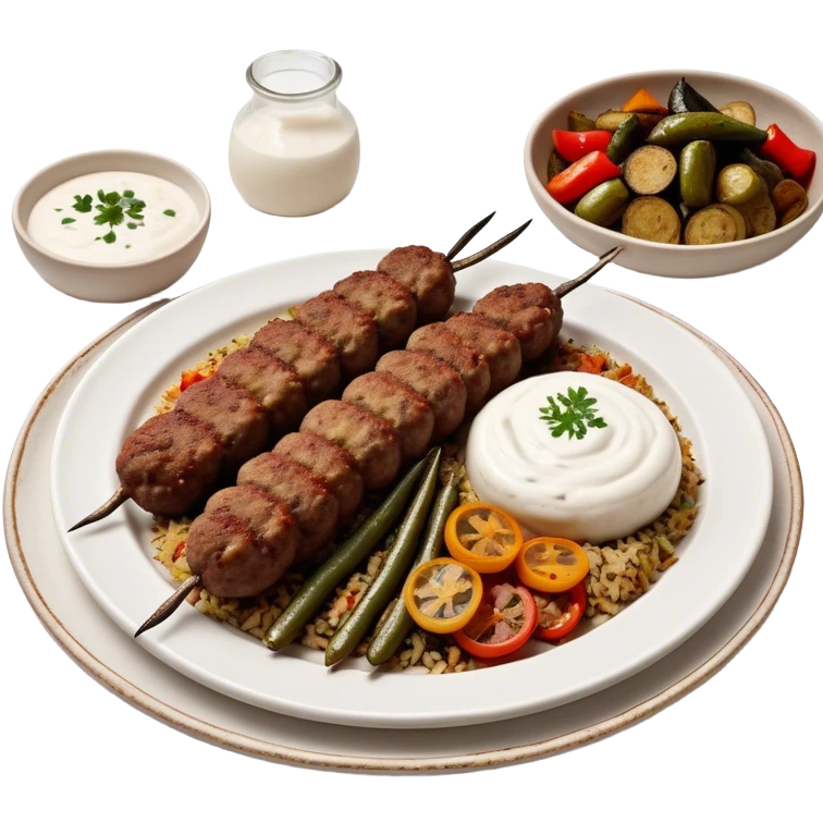 Cinematic Realistic image of a long, hand shaped Turkish Köfte, rendered with richly spiced meat textures and subtle grill marks, artfully arranged on a traditional Turkish ceramic plate alongside classic sides such as a serving of aromatic pilaf, crisp grilled vegetables, and a dollop of creamy yogurt, all bathed in warm, appetizing lighting that emphasizes its savory allure. emoji