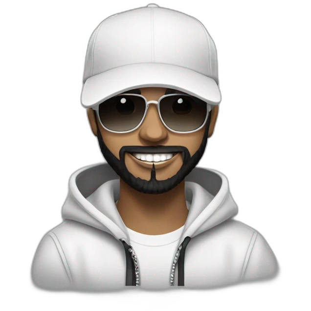 young-rapper-with hoop-white skin-black hair-beard-bichon dog-white-smile emoji