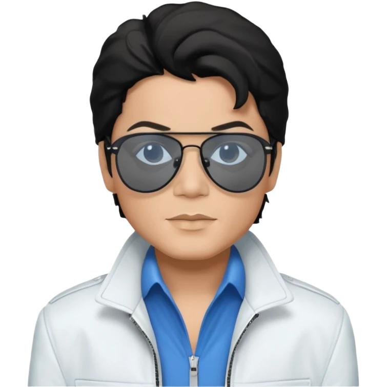 Michael Jackson is white, wearing completely black smokey Ray-Ban glasses, a white jacket, and a blue shirt. emoji