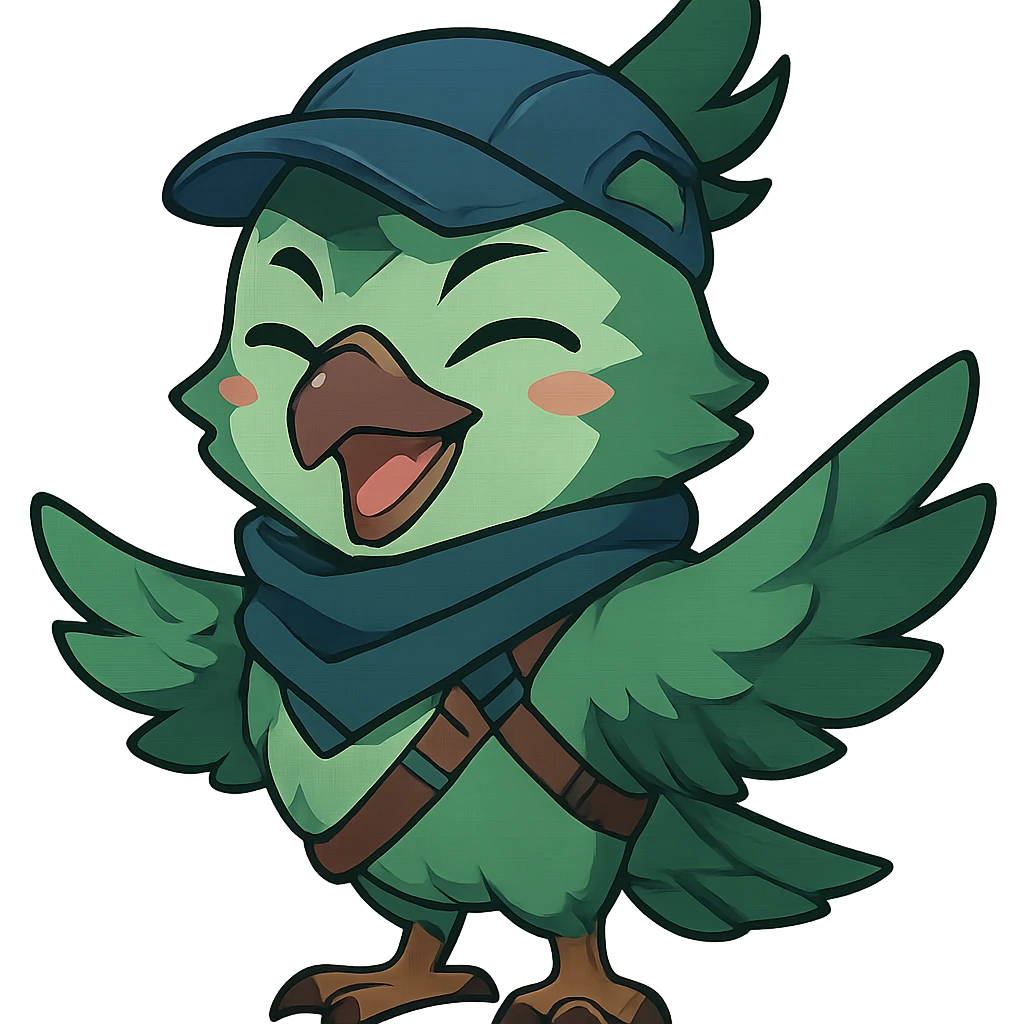 anime style green bird inspired by Valorant agent Falko, happy expression emoji