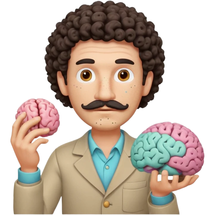 Enhance the claymation man holding a brain by adding more depth and dimension to the image. Make him more attractive and quirky, inspired by the first version, with dark curly hair, thick mustache, light skin, freckles, more movement, claymation style, visible fingerprints, and pastel colors. emoji
