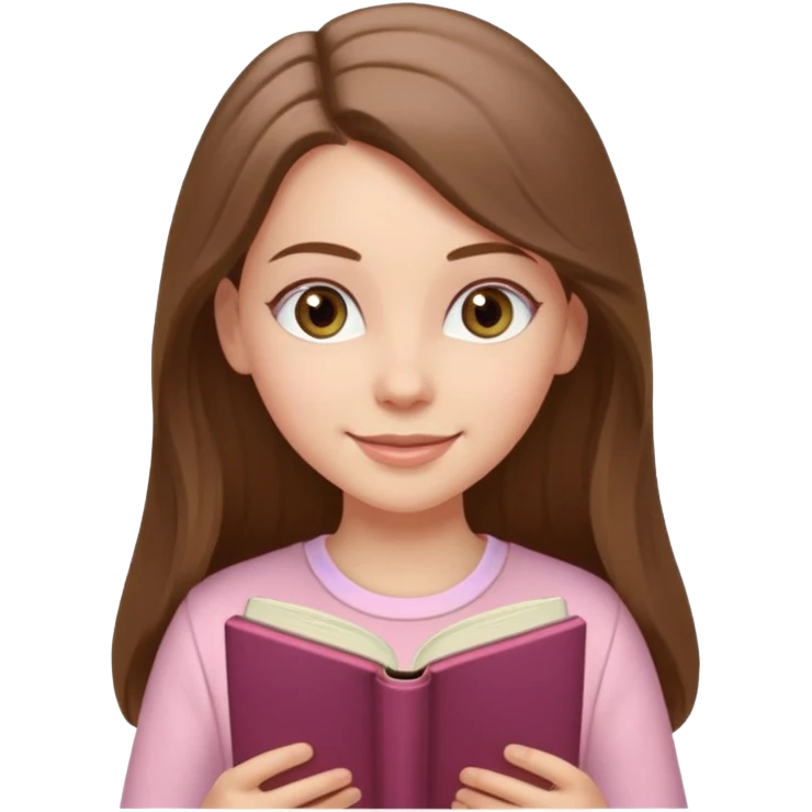happy white long brunette hair girl with hazel eyes wearing light pink reading a book  emoji