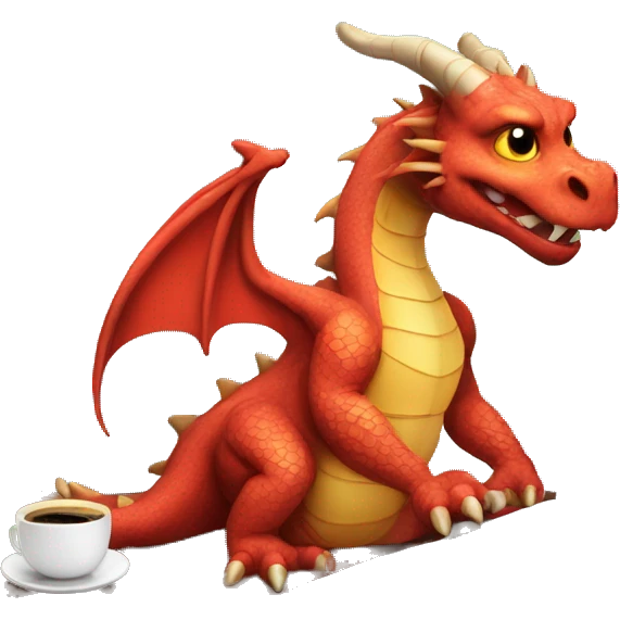 dragon on a laptop, wearing hump day shirt, with a cup of coffee in hand emoji