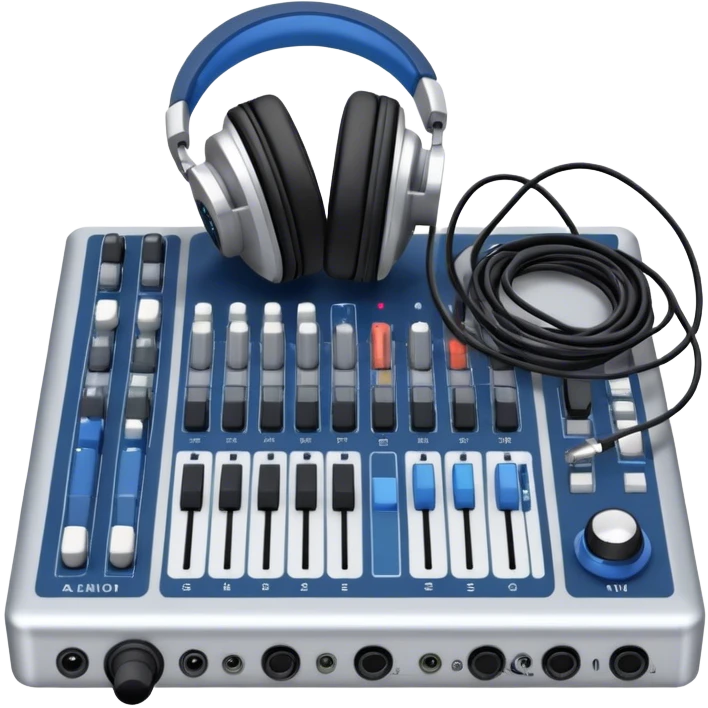 Create a professional and technical emoji that represents sound engineering. The design should feature a sound mixing console with faders, a pair of studio headphones, and audio waveforms to symbolize the precision and technicality of sound mixing and mastering. Include elements like a microphone or audio cables to reflect the recording aspect. Use colors like silver, black, and dark blue to represent the technical, yet artistic side of sound engineering. The background should be transparent. emoji