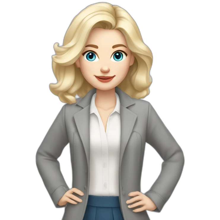 pale skin woman interior designer with cold blonde middle length hair, blue eyes, White blouse, Gray oversize jacket, Gray skirt holding a color palette in the hands emoji