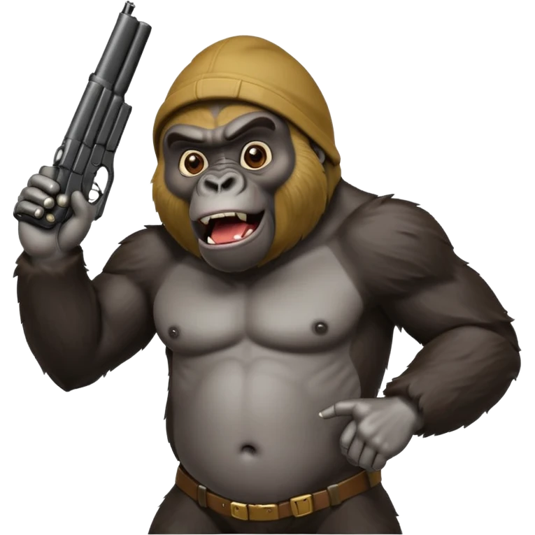 A gorilla holding a gun in the air making a silly face emoji