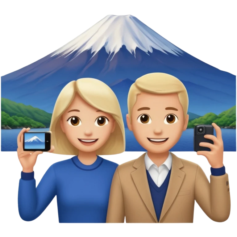 A couple of white people vacationing in Japan, taking a photo with Mount Fuji in the background emoji