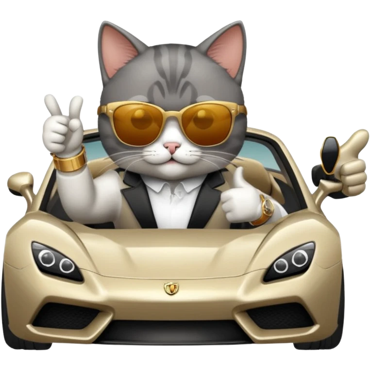 cat wearing sunglasses and a watch giving a thumbs up next to a fancy car emoji