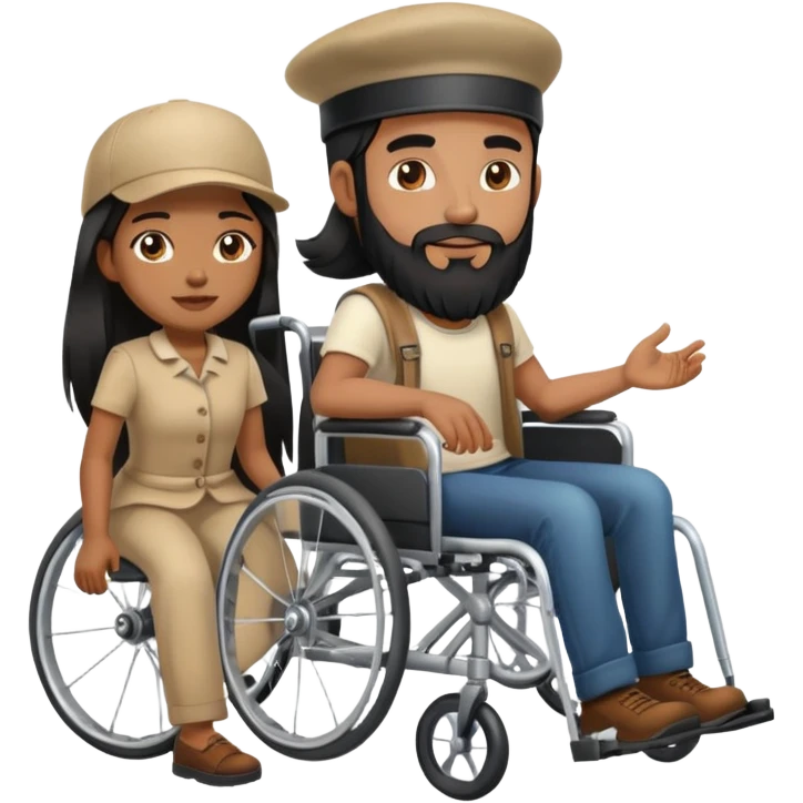 Beige skin man with a beard and cap in a wheelchair and a brown skin woman with long black hair in a wheelchair  emoji