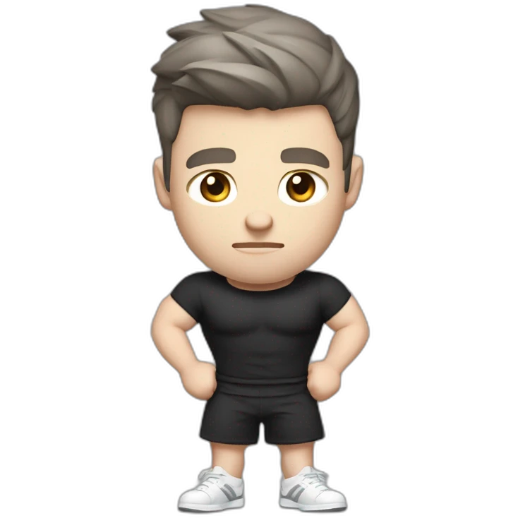 Confused Pale skinned Fit Man With the biceps and dark brown hair in black shirt, gray sports shorts and white Sneakers emoji