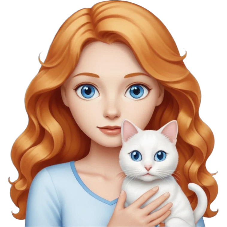 Long wavy strawberry blonde blue eyes woman with a white cat with blue eyes realistic  emoji
