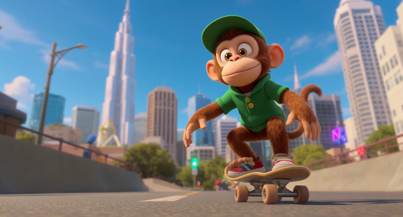 Disney style Cinematic still scane, Low angle shot, monkey dress in green outfit, monkey ride on skateboard, san francisno downtown with city lanscape, blue clean sky, captured by ARRI Alexa XT, soft cinematic lightning, back light, inspired by ToyStory 4, rule of thirds emoji