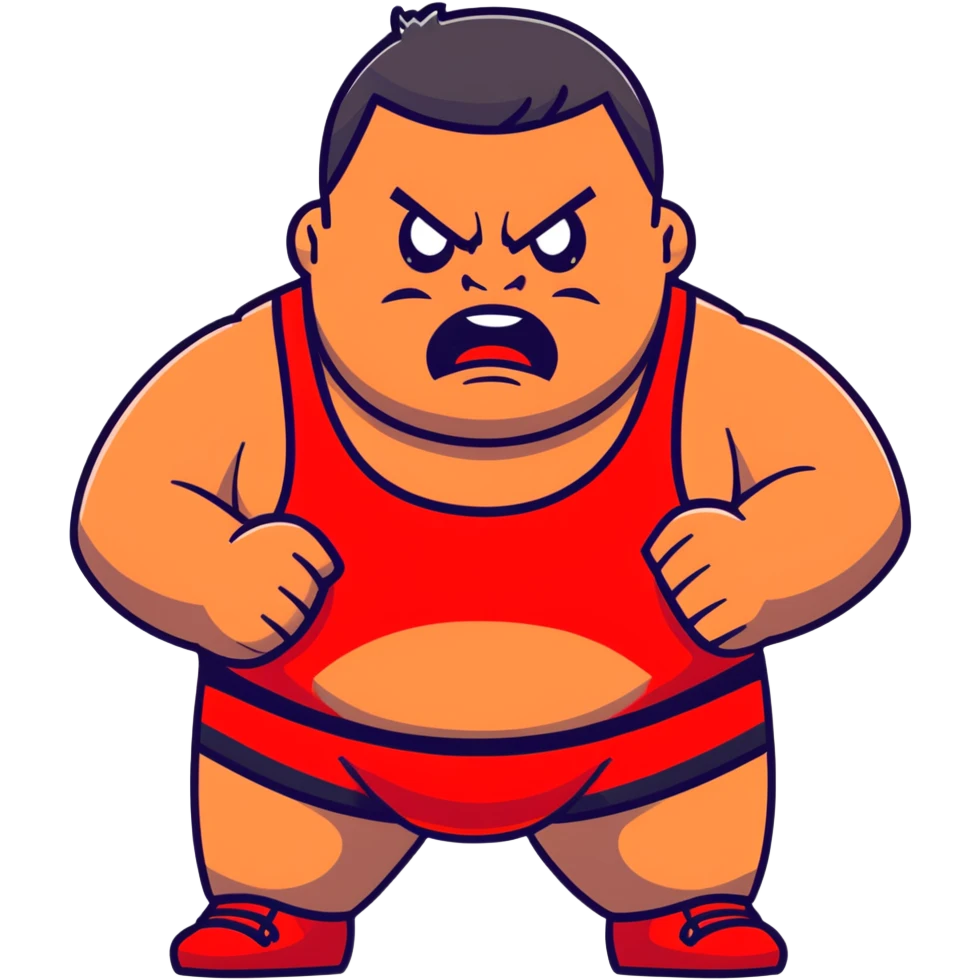 Close-up of white skin fat guy with young face, no muscle with prominent black durag, completely shaved face, no beard or mustache, black eyes in a red and black wrestling singlet with angry face emoji