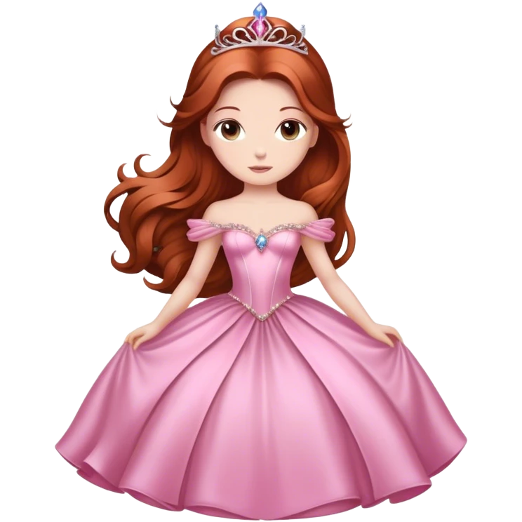 Cinematic Majestic Sleeping Beauty Portrait Emoji, rendered in a clean, vector-style with bold, simplified shapes. Show Aurora with a serene, noble expression, luminous porcelain skin, and elegantly flowing auburn hair, dressed in an opulent pink ball gown. The design radiates a majestic, enchanted glow with high shine and a soft glowing outline, embodying classic royal elegance. emoji