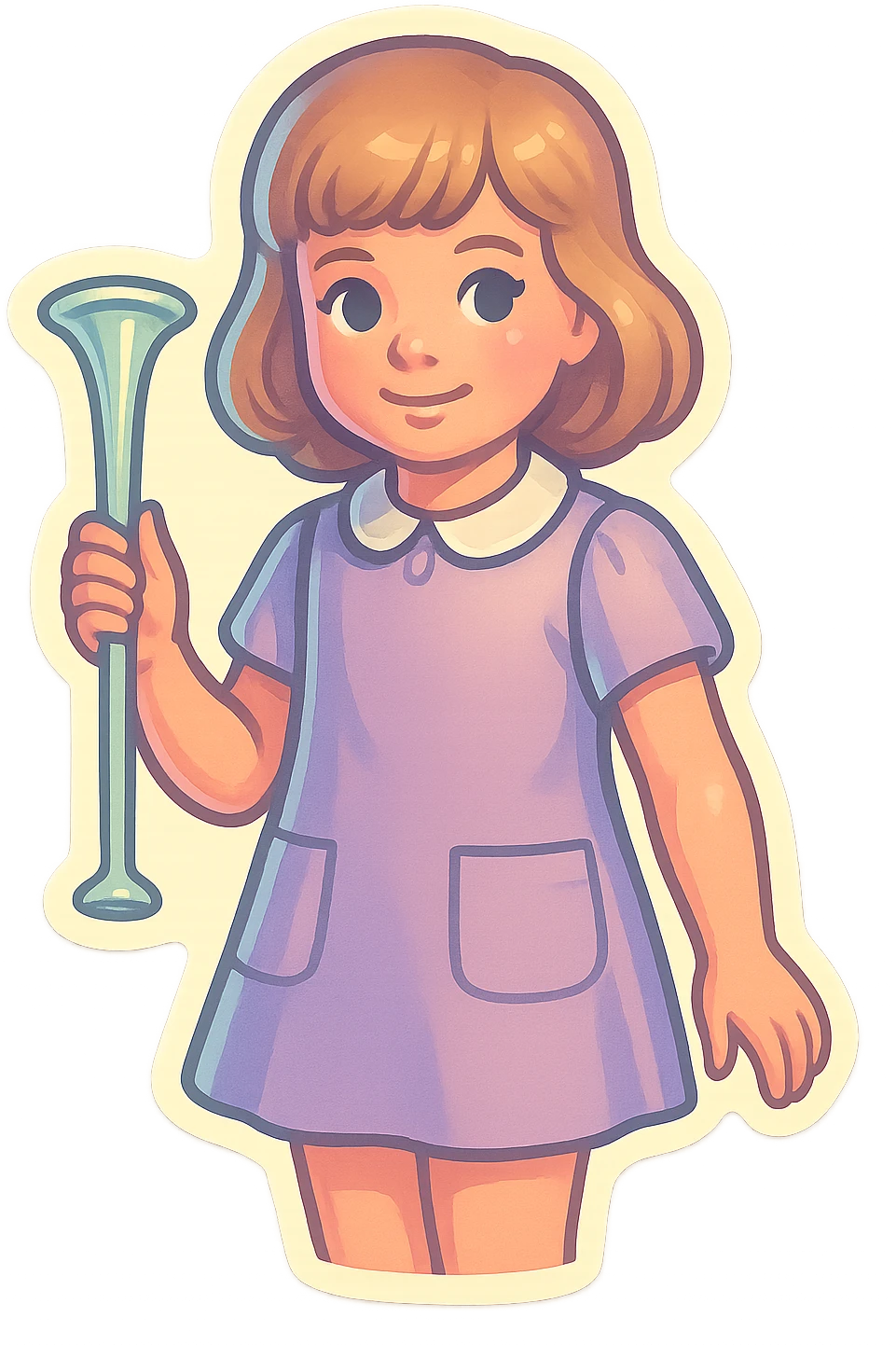 girl with appearance and clothing like the reference, holding an obstetric stethoscope in one hand, other hand down, detailed shadows and highlights, thin clean contours, soft rounded shapes, pastel palette #98B5BC, #B5B3C1, #C9A3C9, #E4C0CA, #F7DCD1, #F7C0AA, soft lighting, transparent background, no decorative elements, reference: https://attic.sh/jau3edb21wpllq8y3t37clkve1d7 emoji