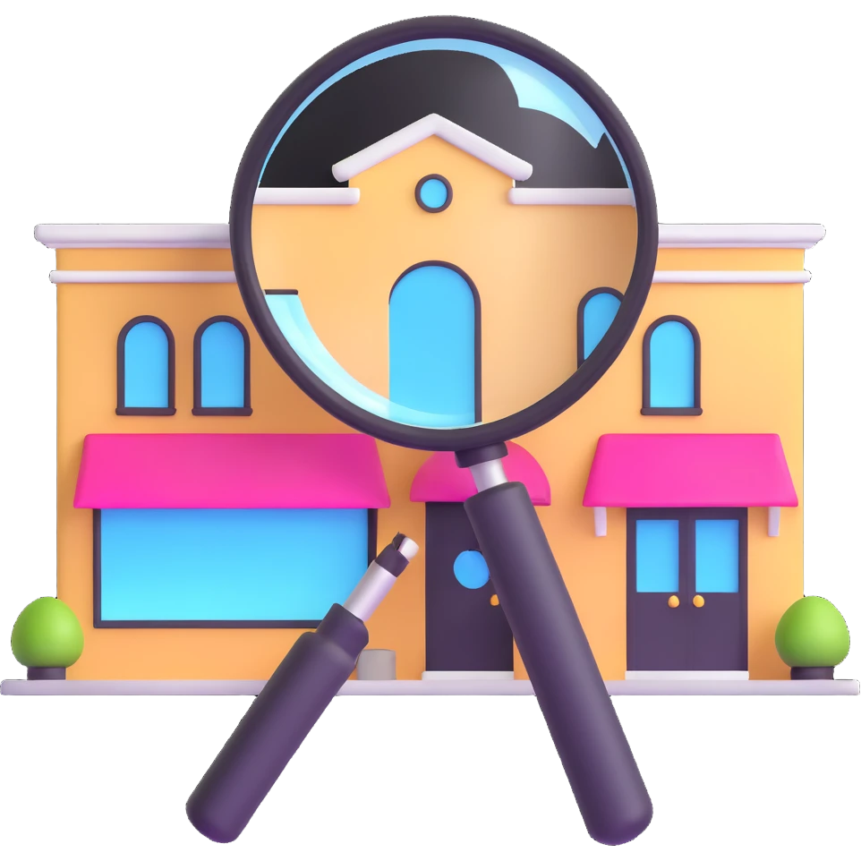 magnifying glass over a beauty salon building emoji