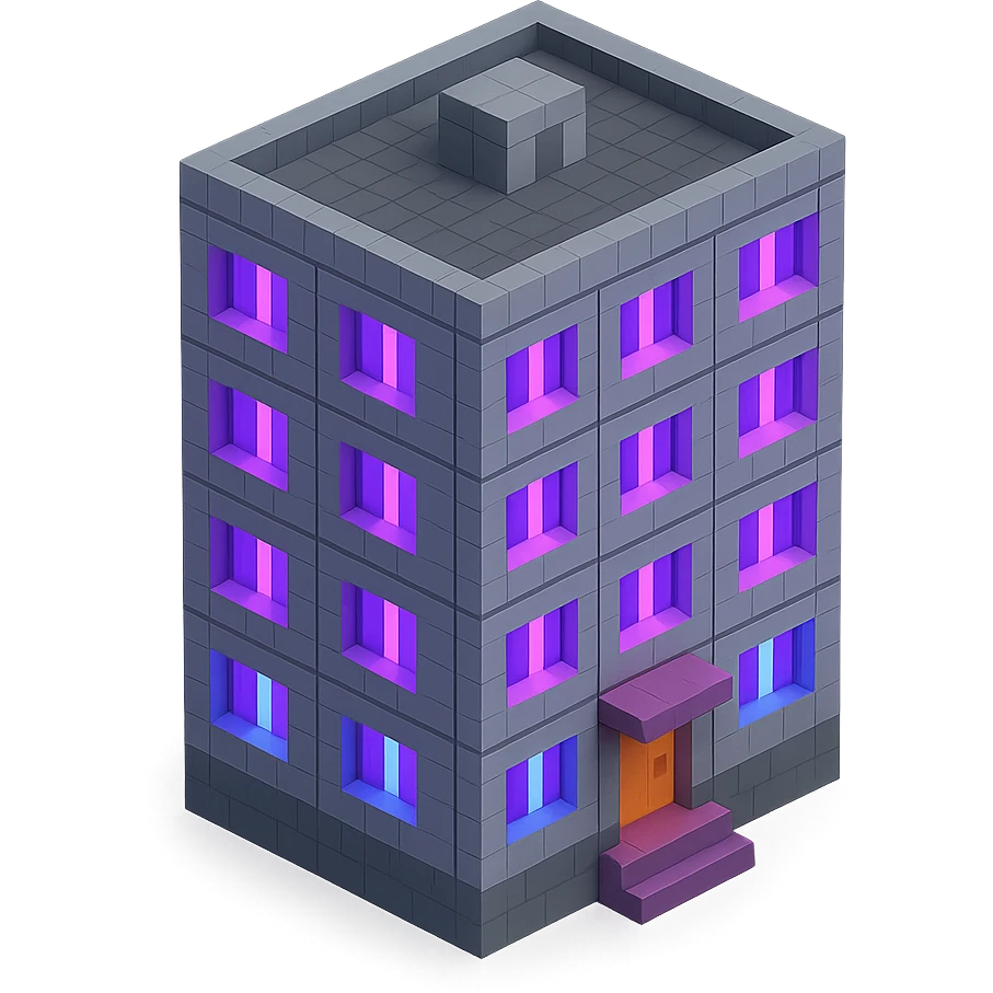 voxel style Russian panel apartment building with fewer blocks, gray concrete, windows glowing with ultraviolet (UV) color, isometric view emoji