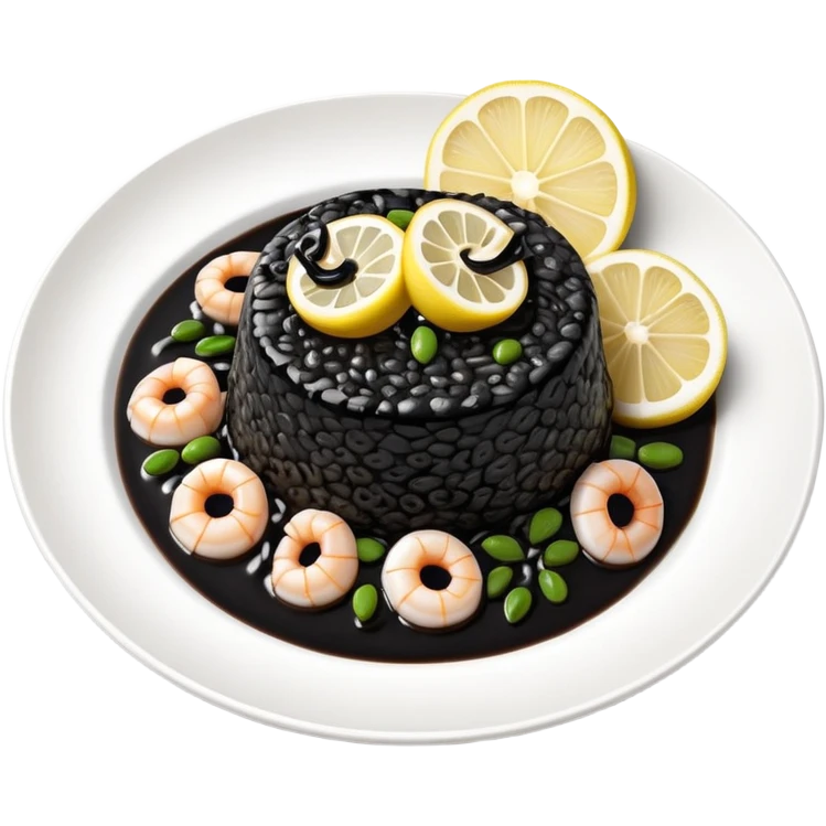 cinematic-realistic-black-risotto-dish,-showcasing-small squid pieces in black sauce -rendered-with-bold-textures-and-dynamic,-dramatic-lighting in a white plate with a grilled lemon on top emoji