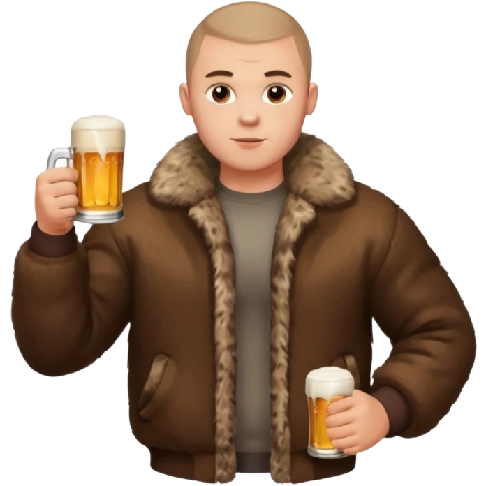 „A strong Russian young man with a buzz cut, muscular build, wearing a bear fur coat, holding a beer in one hand, confident expression, snowy background, Slavic aesthetics emoji