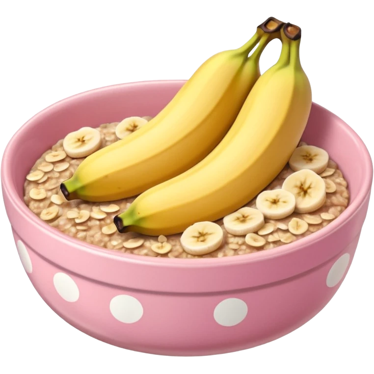 banana baked oats in a bowl like oat meal with a couple banana slices on top that look a little bit caramelised and a light pink bowl with white polka dots please with NO whole banana on top just slices  emoji