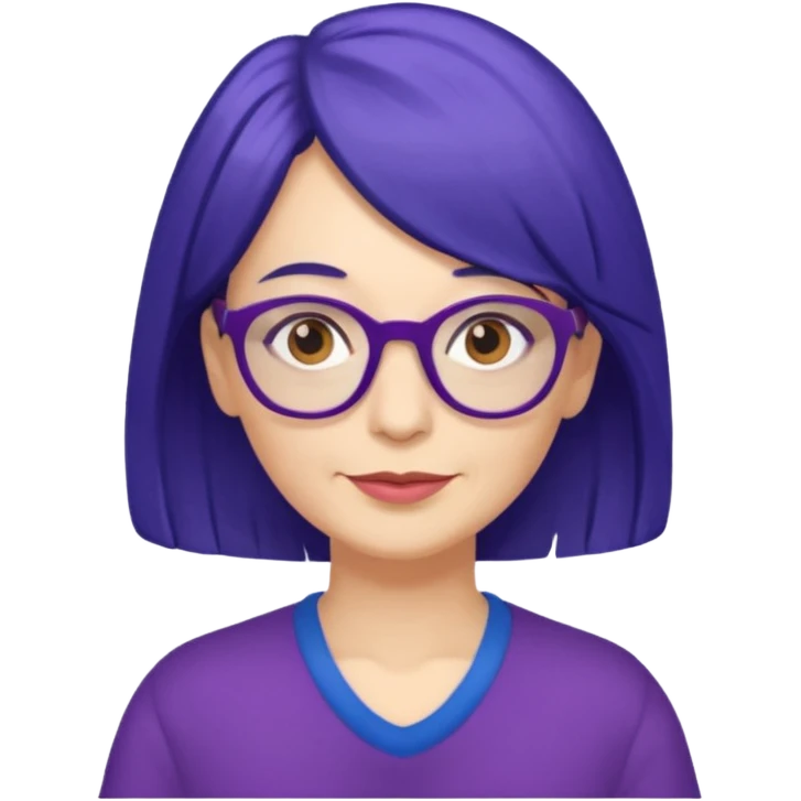 50-year-old woman with purple glasses, brown eyes, and indigo shoulder-length hair emoji
