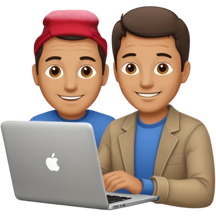 middle aged man looking at laptop and writing and smiling emoji