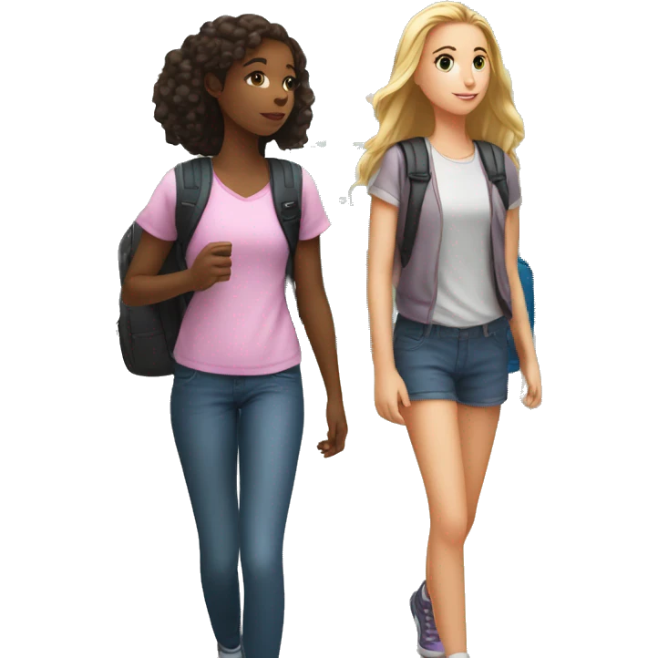 White teen girl and black teen girl are talking and walking with lockers and a lot of school kids behind them emoji