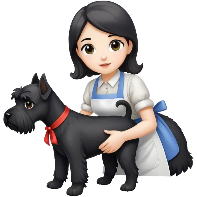 pale girl with long back hair wearing apron holding black schnauzer emoji