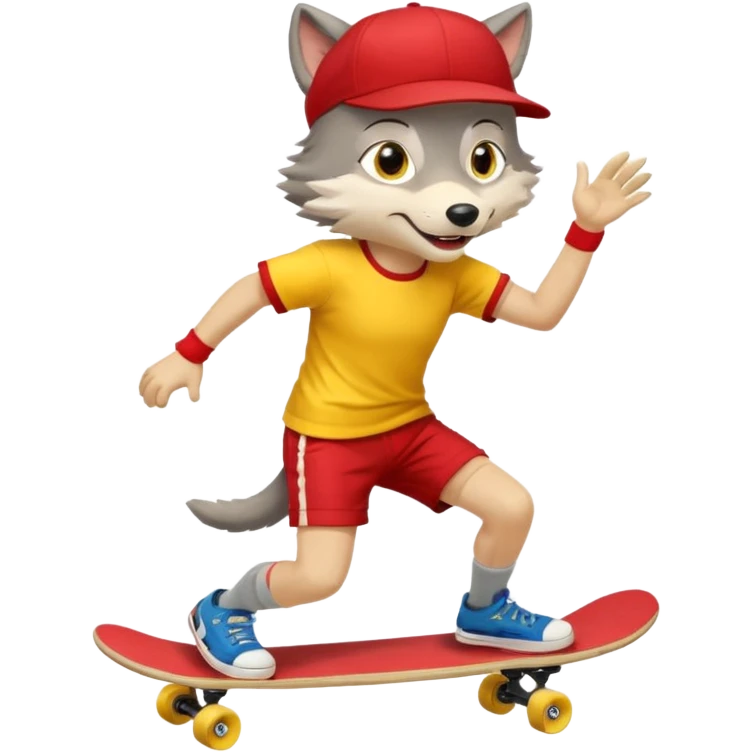 A gray wolf with large, expressive eyes and a friendly smile. The gray wolf is wearing a bright yellow T-shirt, red shorts, white knee socks, and sneakers. The baseball cap is on backwards. The wolf is preparing to perform a skateboarding trick. emoji