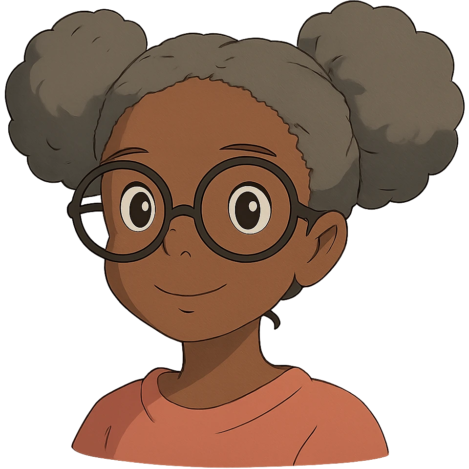 african american girl head with oversize glasses and gray hair in bunches, ghibli style emoji