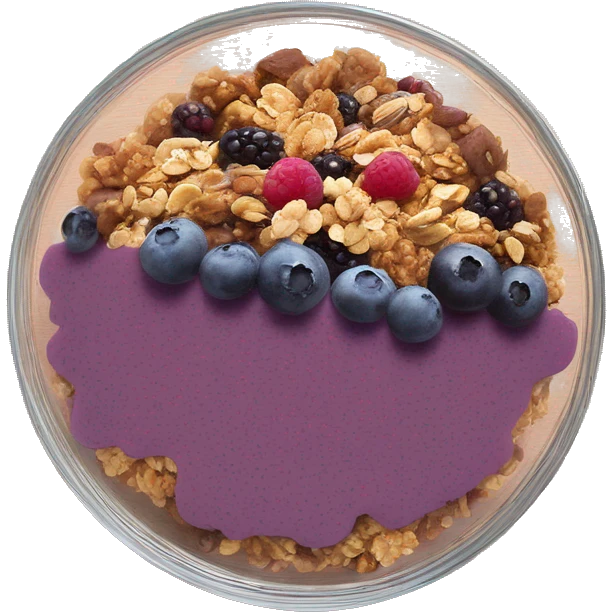 Açaí in a clear bowl layered with milk berries and granola emoji