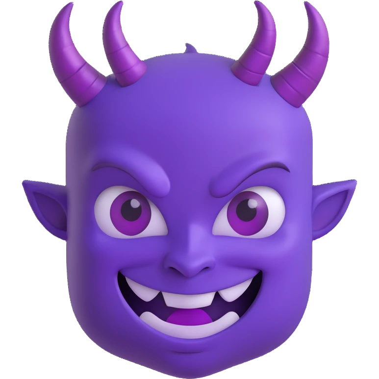 A mischievous purple devil emoji with a sly, confident smile and raised eyebrows, glowing purple horns, smooth gradient shading, minimalistic and glossy 3D cartoon style emoji