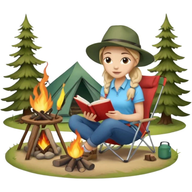 A pony tail hair woman journaling on a camping chair, enjoying the quiet nature scene beside a campfire emoji