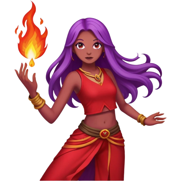 Fire contact poi dance, girl with long purple hair, red clothes emoji