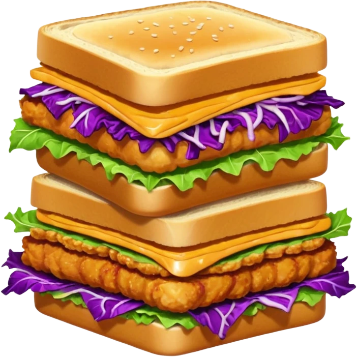 Burning hot, spicy,  stacked chicken sandwich — two thick golden toast slices, a crispy breaded chicken fillet, green lettuce, and purple cabbage slaw, with glossy dark sauce dripping down the sides. emoji