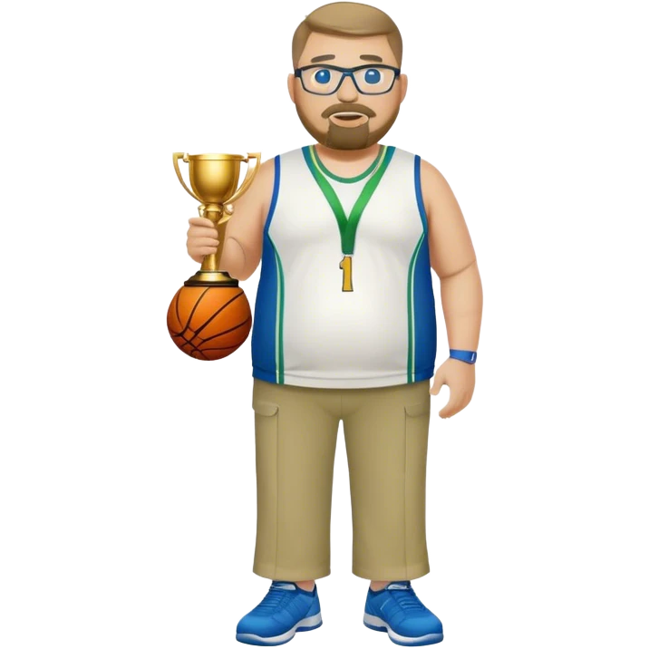 full body white obese male basketball coach with trophy. Goatee , Wearing glasses and blue and green polio and khaki pants emoji