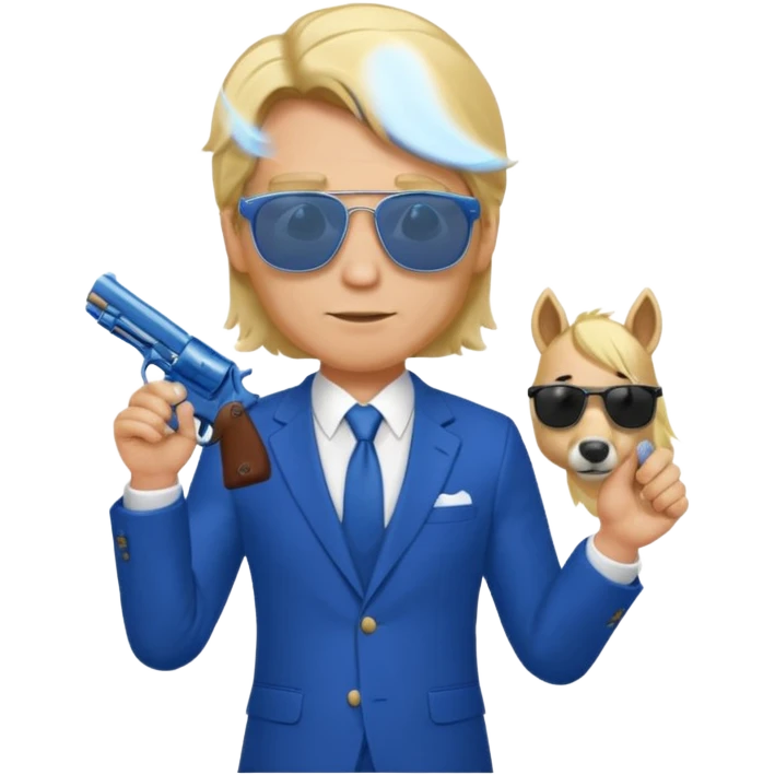 A blond man in a blue suit with a Colt pointing forward. The audience , and long hair and san glasses emoji